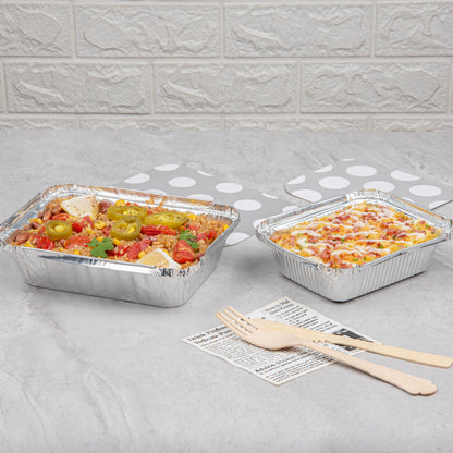Foil Lux 12 oz Rectangle Silver Aluminum Take Out Container - Polka Dot Paper Lid - 5 3/4" x 4 3/4" x 1 3/4" - 50 count box