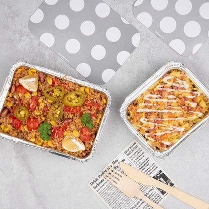 Foil Lux 12 oz Rectangle Silver Aluminum Take Out Container - Polka Dot Paper Lid - 5 3/4" x 4 3/4" x 1 3/4" - 50 count box