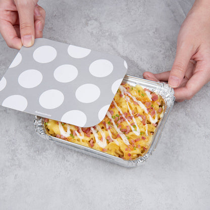 Foil Lux 12 oz Rectangle Silver Aluminum Take Out Container - Polka Dot Paper Lid - 5 3/4" x 4 3/4" x 1 3/4" - 50 count box