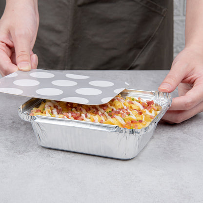 Foil Lux 12 oz Rectangle Silver Aluminum Take Out Container - Polka Dot Paper Lid - 5 3/4" x 4 3/4" x 1 3/4" - 50 count box