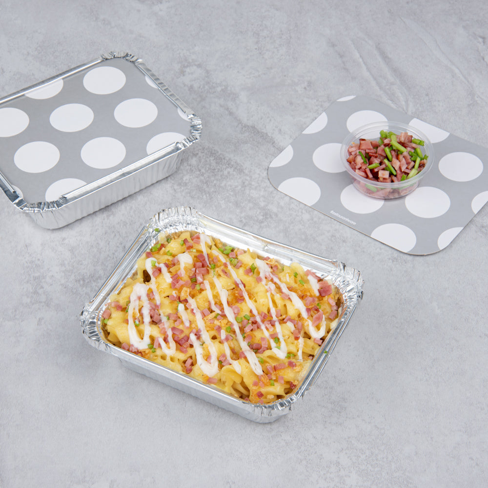 Foil Lux 12 oz Rectangle Silver Aluminum Take Out Container - Polka Dot Paper Lid - 5 3/4" x 4 3/4" x 1 3/4" - 50 count box