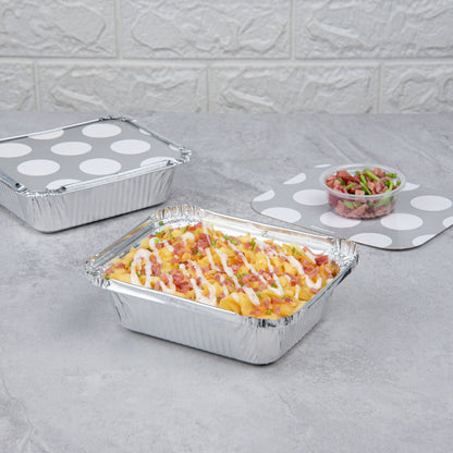 Foil Lux 12 oz Rectangle Silver Aluminum Take Out Container - Polka Dot Paper Lid - 5 3/4" x 4 3/4" x 1 3/4" - 50 count box
