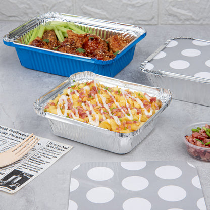 Foil Lux 12 oz Rectangle Silver Aluminum Take Out Container - Polka Dot Paper Lid - 5 3/4" x 4 3/4" x 1 3/4" - 50 count box