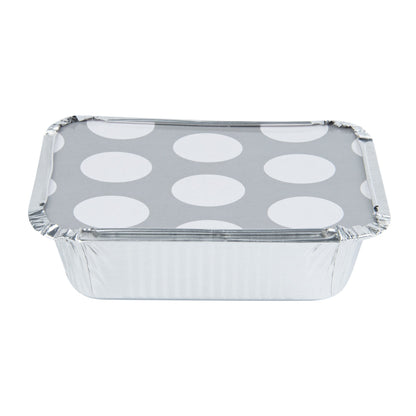 Foil Lux 12 oz Rectangle Silver Aluminum Take Out Container - with Polka Dot Paper Lid - 5 3/4" x 4 3/4" x 1 3/4" - 200 count box