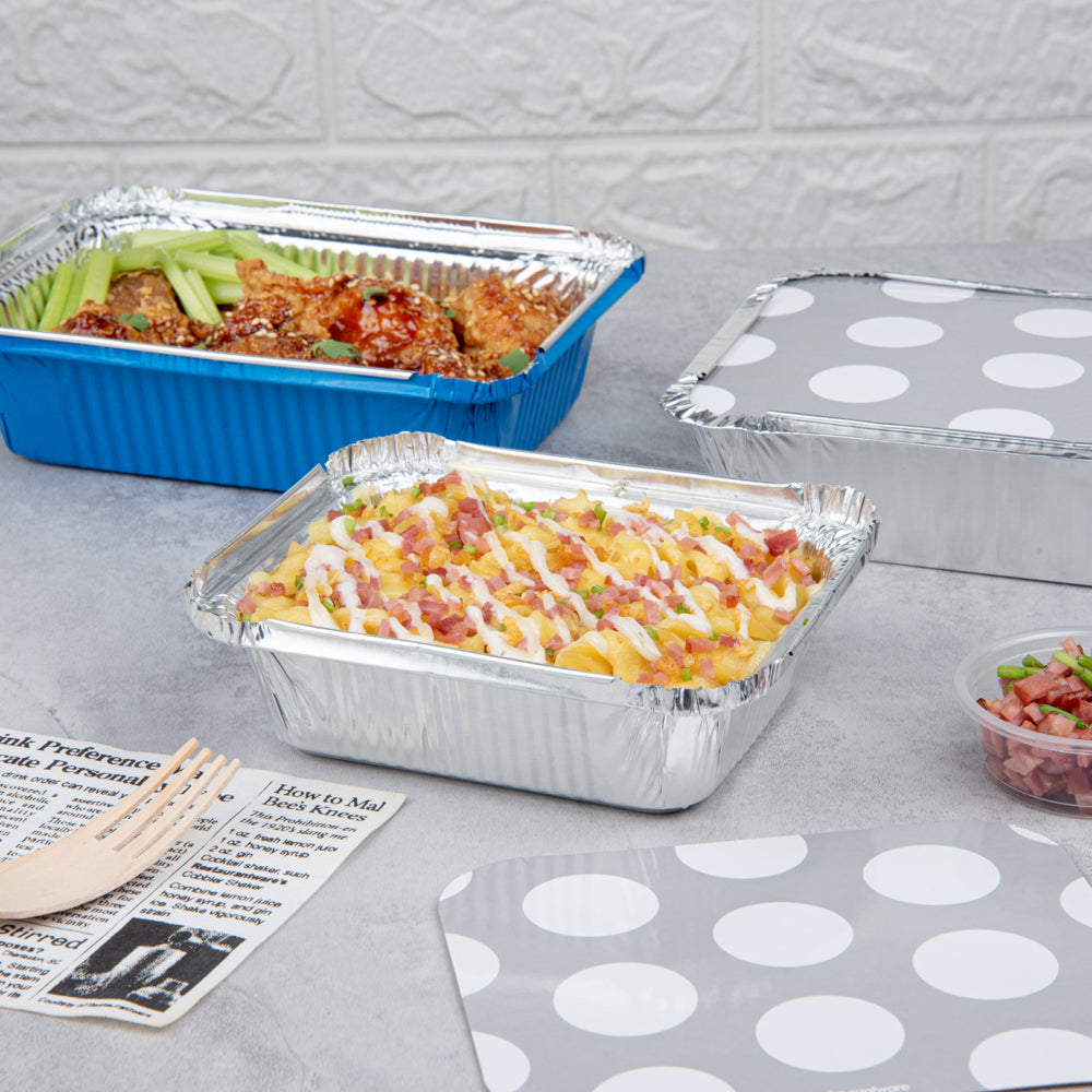 Foil Lux 12 oz Rectangle Silver Aluminum Take Out Container - with Polka Dot Paper Lid - 5 3/4" x 4 3/4" x 1 3/4" - 200 count box
