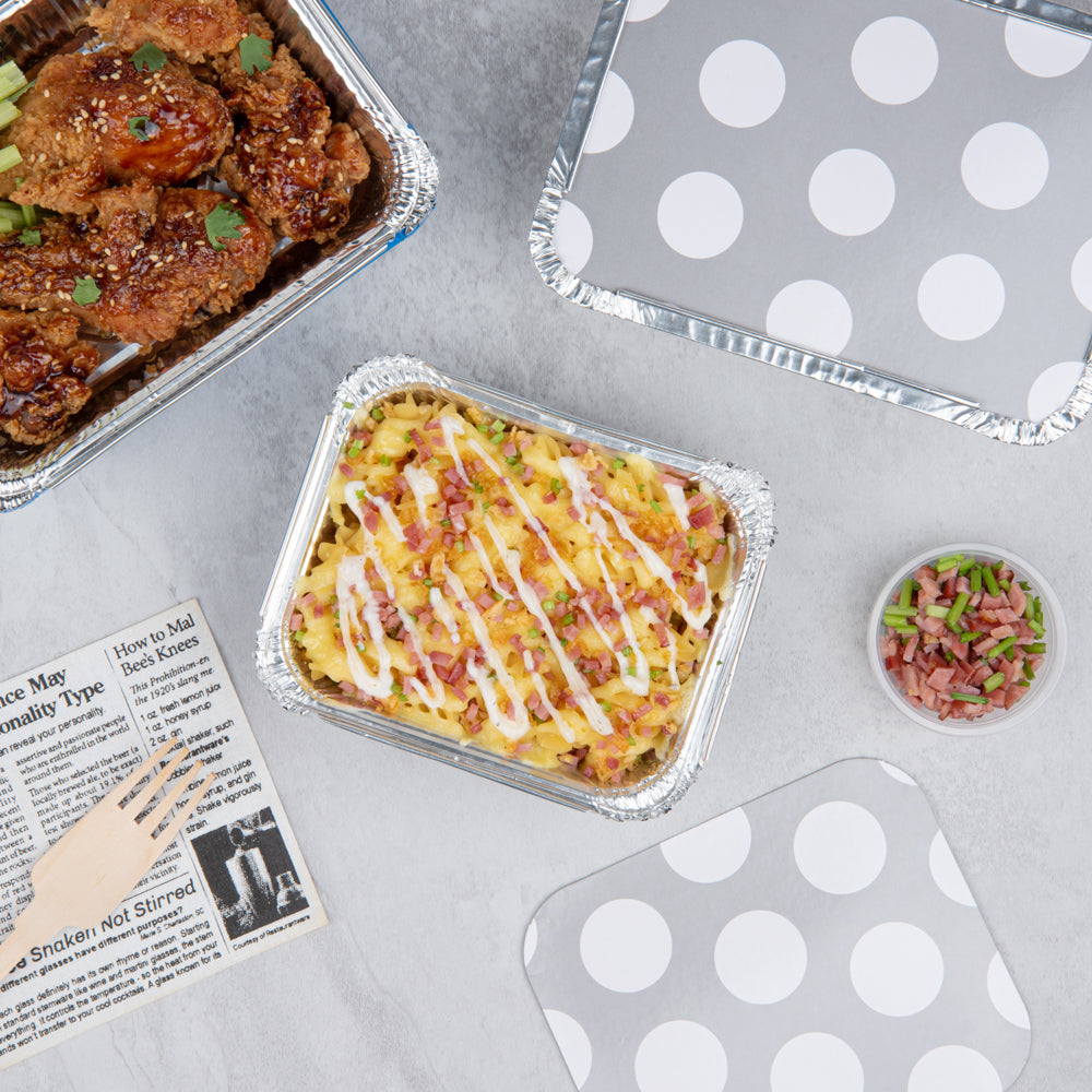 Foil Lux 12 oz Rectangle Silver Aluminum Take Out Container - with Polka Dot Paper Lid - 5 3/4" x 4 3/4" x 1 3/4" - 200 count box