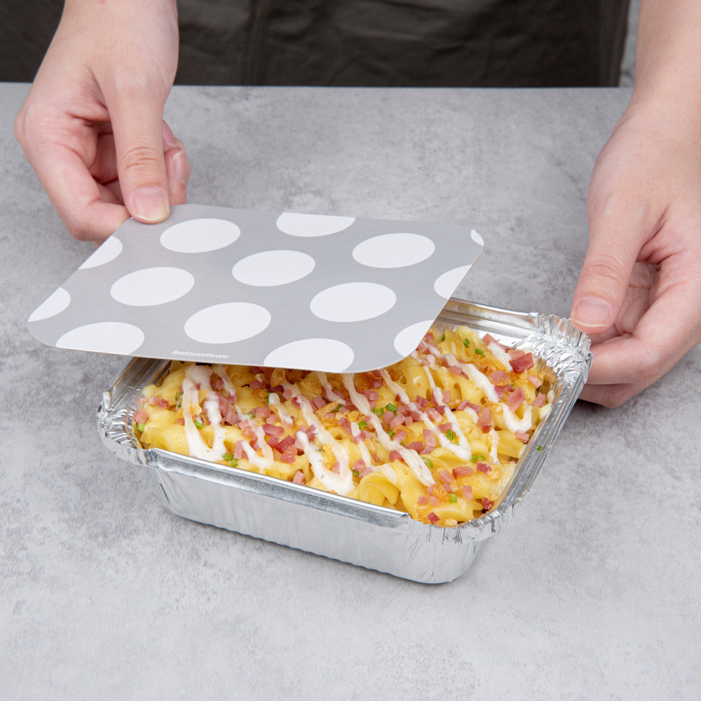 Foil Lux 12 oz Rectangle Silver Aluminum Take Out Container - with Polka Dot Paper Lid - 5 3/4" x 4 3/4" x 1 3/4" - 200 count box