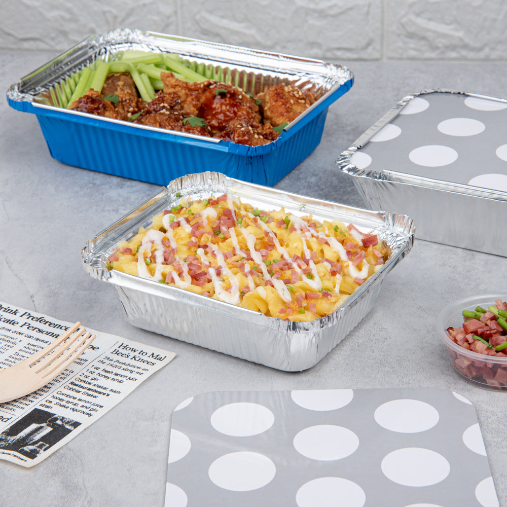 Foil Lux 12 oz Rectangle Silver Aluminum Take Out Container - with Polka Dot Paper Lid - 5 3/4" x 4 3/4" x 1 3/4" - 200 count box