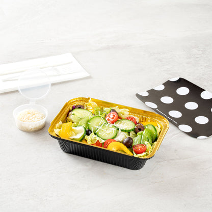 Foil Lux 16 oz Rectangle Black and Gold Aluminum Take Out Container - Polka Dot Paper Lid - 7 1/4" x 5 1/4" x 2" - 50 count box