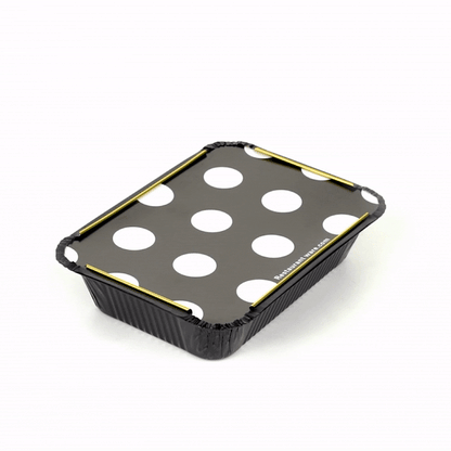 Foil Lux 16 oz Rectangle Black and Gold Aluminum Take Out Container - Polka Dot Paper Lid - 7 1/4" x 5 1/4" x 2" - 50 count box