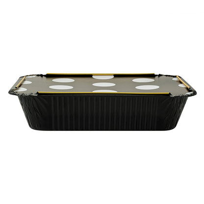 Foil Lux 16 oz Rectangle Black and Gold Aluminum Take Out Container - Polka Dot Paper Lid - 7 1/4" x 5 1/4" x 2" - 50 count box