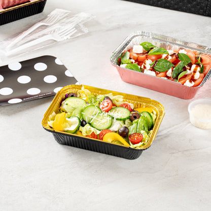 Foil Lux 16 oz Rectangle Black and Gold Aluminum Take Out Container - Polka Dot Paper Lid - 7 1/4" x 5 1/4" x 2" - 50 count box
