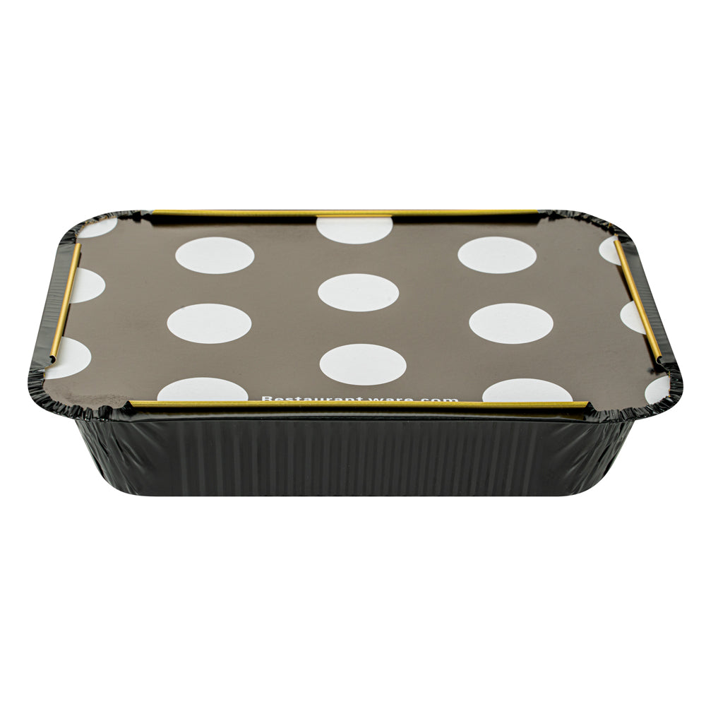 Foil Lux 16 oz Rectangle Black and Gold Aluminum Take Out Container - with Polka Dot Paper Lid - 7 1/4" x 5 1/4" x 2" - 200 count box