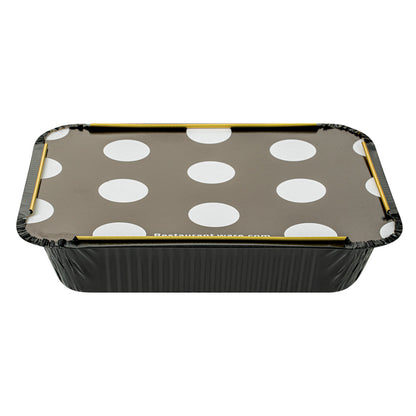 Foil Lux 16 oz Rectangle Black and Gold Aluminum Take Out Container - with Polka Dot Paper Lid - 7 1/4" x 5 1/4" x 2" - 200 count box