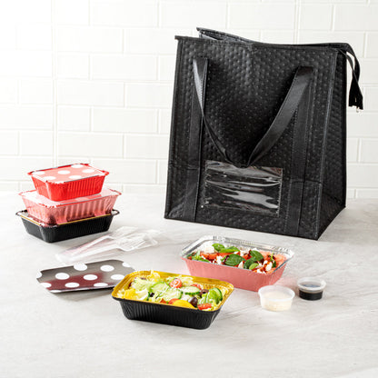 Foil Lux 16 oz Rectangle Black and Gold Aluminum Take Out Container - with Polka Dot Paper Lid - 7 1/4" x 5 1/4" x 2" - 200 count box
