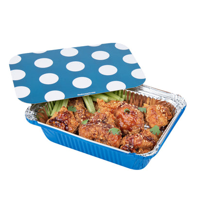 Foil Lux 16 oz Rectangle Blue Aluminum Take Out Container - with Polka Dot Paper Lid - 7 1/4" x 5 1/4" x 2" - 200 count box