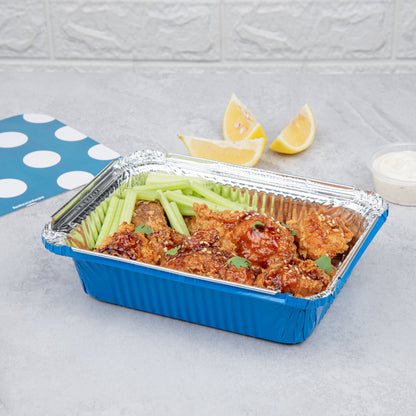 Foil Lux 16 oz Rectangle Blue Aluminum Take Out Container - with Polka Dot Paper Lid - 7 1/4" x 5 1/4" x 2" - 200 count box