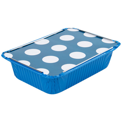 Foil Lux 16 oz Rectangle Blue Aluminum Take Out Container - Polka Dot Paper Lid - 7 1/4" x 5 1/4" x 2" - 50 count box
