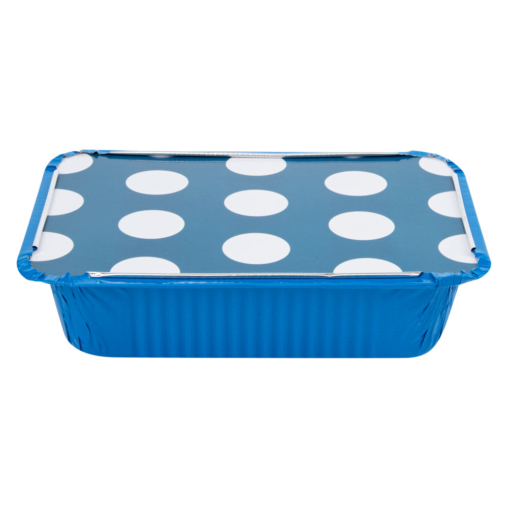 Foil Lux 16 oz Rectangle Blue Aluminum Take Out Container - Polka Dot Paper Lid - 7 1/4" x 5 1/4" x 2" - 50 count box