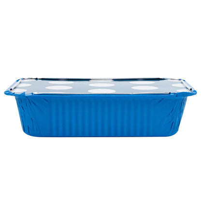 Foil Lux 16 oz Rectangle Blue Aluminum Take Out Container - Polka Dot Paper Lid - 7 1/4" x 5 1/4" x 2" - 50 count box