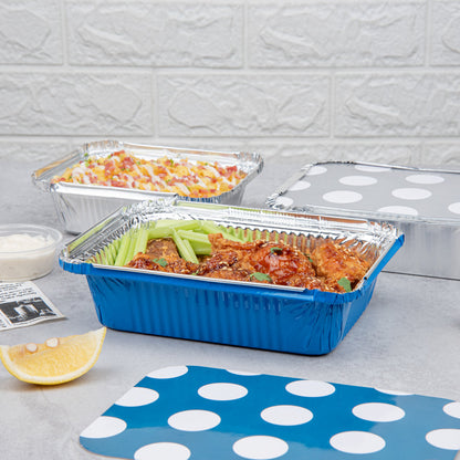 Foil Lux 16 oz Rectangle Blue Aluminum Take Out Container - Polka Dot Paper Lid - 7 1/4" x 5 1/4" x 2" - 50 count box