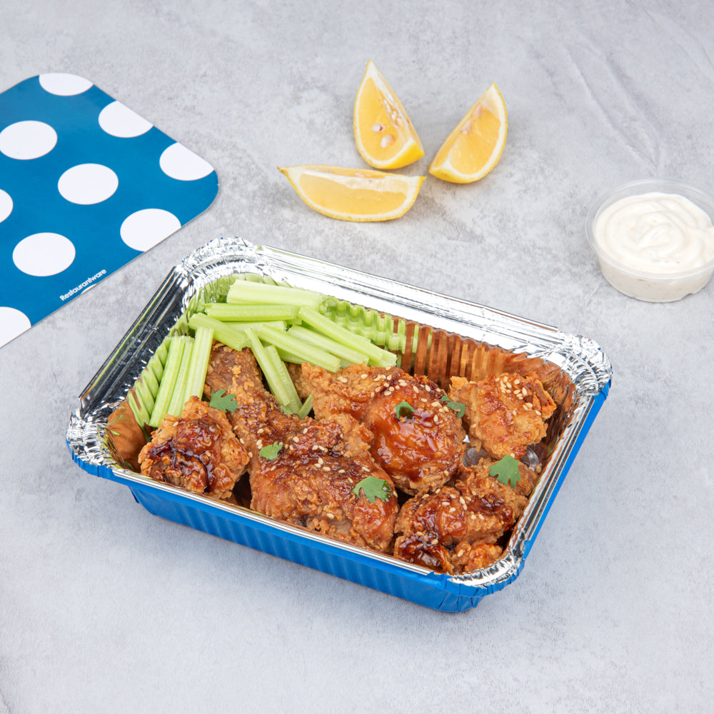 Foil Lux 16 oz Rectangle Blue Aluminum Take Out Container - Polka Dot Paper Lid - 7 1/4" x 5 1/4" x 2" - 50 count box