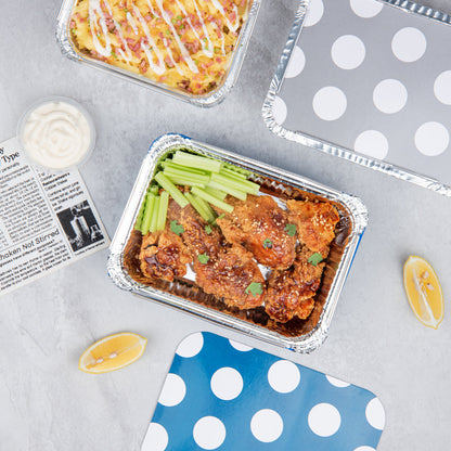 Foil Lux 16 oz Rectangle Blue Aluminum Take Out Container - Polka Dot Paper Lid - 7 1/4" x 5 1/4" x 2" - 50 count box
