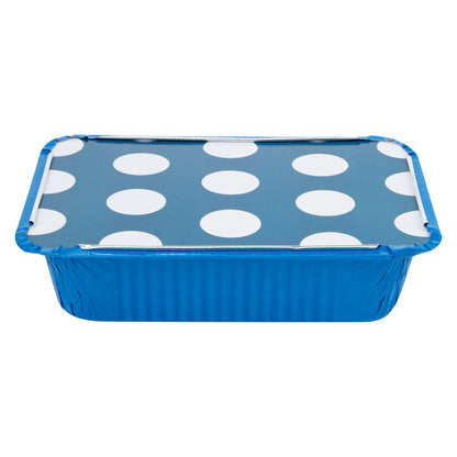Foil Lux 16 oz Rectangle Blue Aluminum Take Out Container - with Polka Dot Paper Lid - 7 1/4" x 5 1/4" x 2" - 200 count box