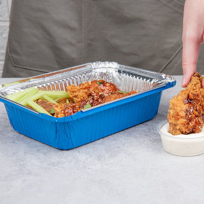Foil Lux 16 oz Rectangle Blue Aluminum Take Out Container - with Polka Dot Paper Lid - 7 1/4" x 5 1/4" x 2" - 200 count box