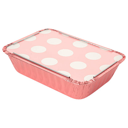 Foil Lux 16 oz Rectangle Pink Aluminum Take Out Container - with Polka Dot Paper Lid - 7 1/4" x 5 1/4" x 2" - 200 count box