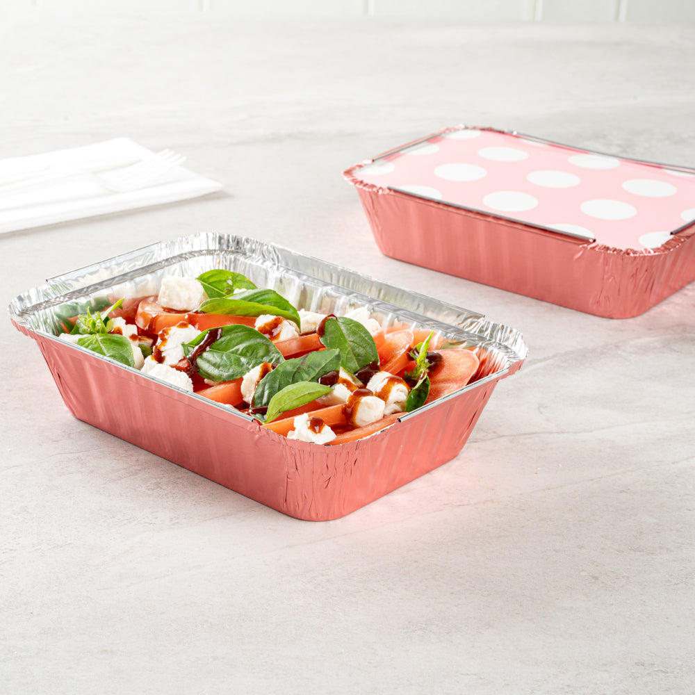 Foil Lux 16 oz Rectangle Pink Aluminum Take Out Container - Polka Dot Paper Lid - 7 1/4" x 5 1/4" x 2" - 50 count box