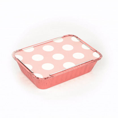 Foil Lux 16 oz Rectangle Pink Aluminum Take Out Container - Polka Dot Paper Lid - 7 1/4" x 5 1/4" x 2" - 50 count box
