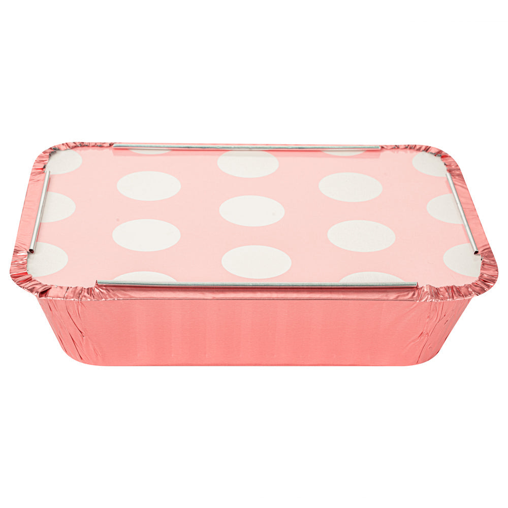 Foil Lux 16 oz Rectangle Pink Aluminum Take Out Container - Polka Dot Paper Lid - 7 1/4" x 5 1/4" x 2" - 50 count box