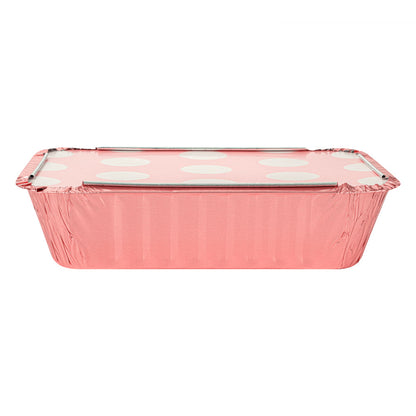 Foil Lux 16 oz Rectangle Pink Aluminum Take Out Container - Polka Dot Paper Lid - 7 1/4" x 5 1/4" x 2" - 50 count box