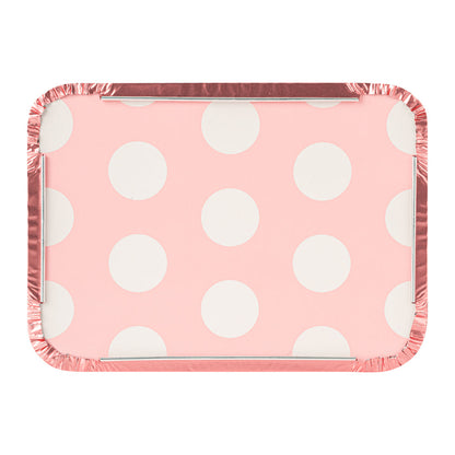 Foil Lux 16 oz Rectangle Pink Aluminum Take Out Container - Polka Dot Paper Lid - 7 1/4" x 5 1/4" x 2" - 50 count box