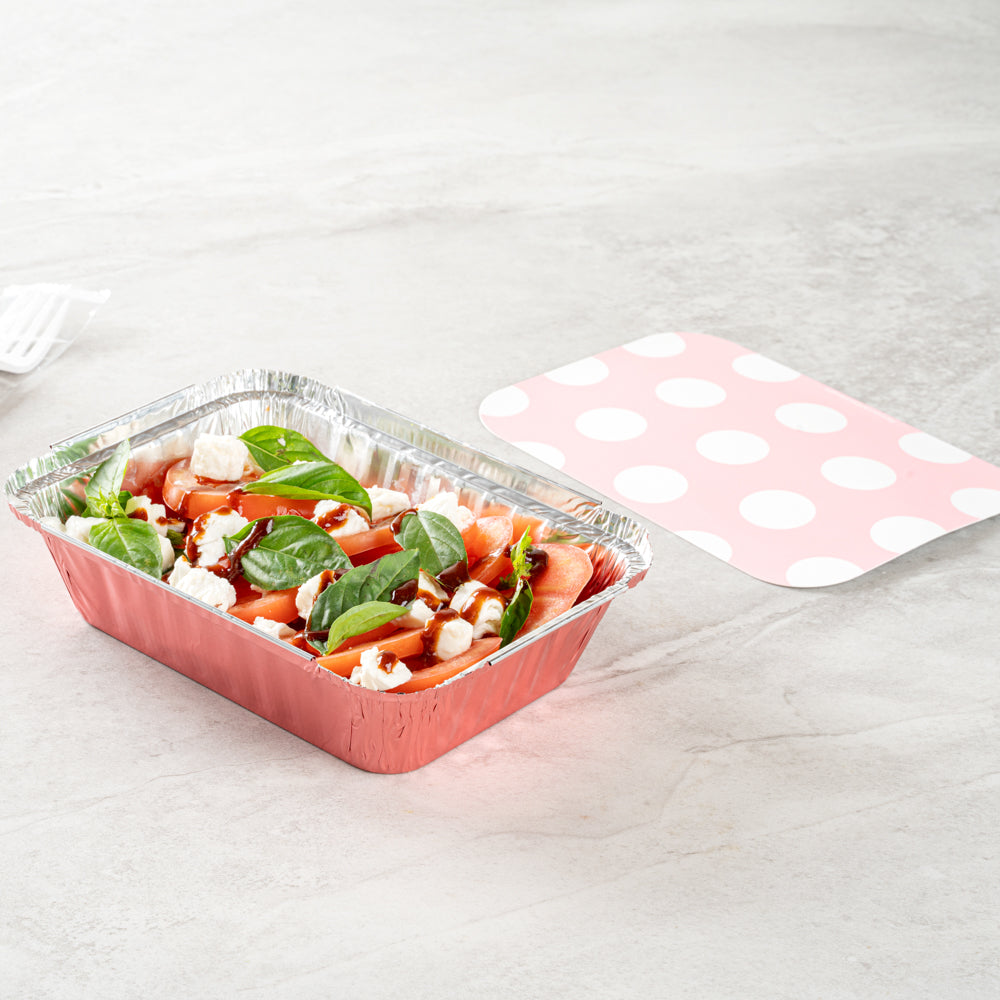 Foil Lux 16 oz Rectangle Pink Aluminum Take Out Container - Polka Dot Paper Lid - 7 1/4" x 5 1/4" x 2" - 50 count box