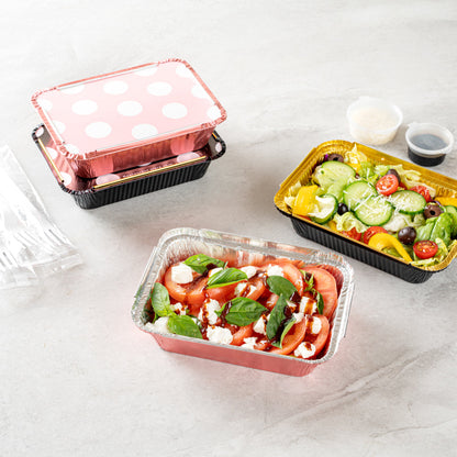Foil Lux 16 oz Rectangle Pink Aluminum Take Out Container - Polka Dot Paper Lid - 7 1/4" x 5 1/4" x 2" - 50 count box