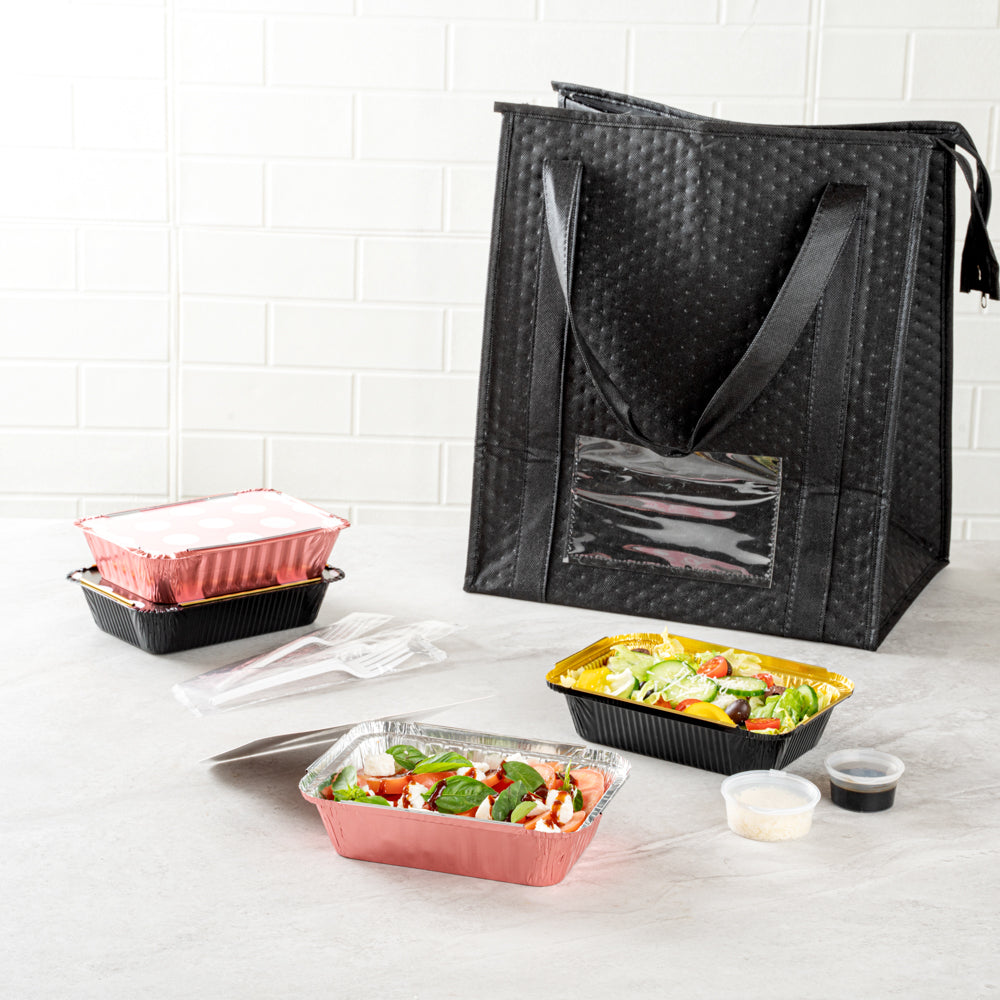 Foil Lux 16 oz Rectangle Pink Aluminum Take Out Container - Polka Dot Paper Lid - 7 1/4" x 5 1/4" x 2" - 50 count box