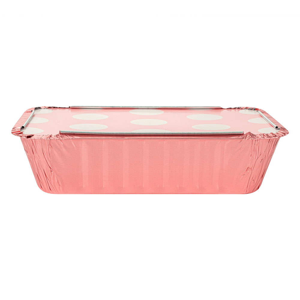 Foil Lux 16 oz Rectangle Pink Aluminum Take Out Container - with Polka Dot Paper Lid - 7 1/4" x 5 1/4" x 2" - 200 count box
