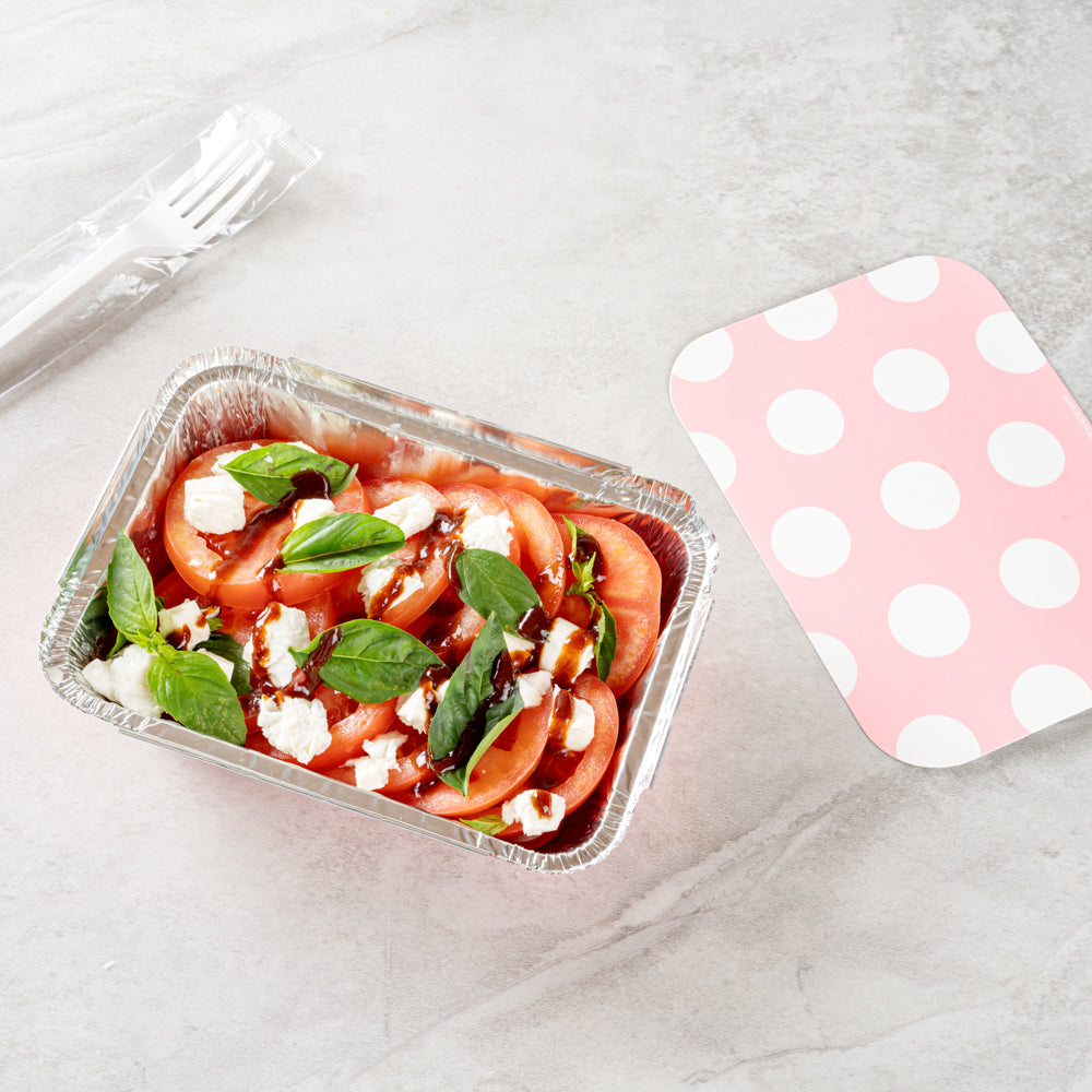 Foil Lux 16 oz Rectangle Pink Aluminum Take Out Container - with Polka Dot Paper Lid - 7 1/4" x 5 1/4" x 2" - 200 count box