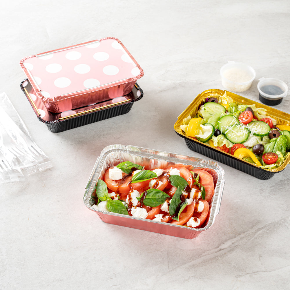 Foil Lux 16 oz Rectangle Pink Aluminum Take Out Container - with Polka Dot Paper Lid - 7 1/4" x 5 1/4" x 2" - 200 count box