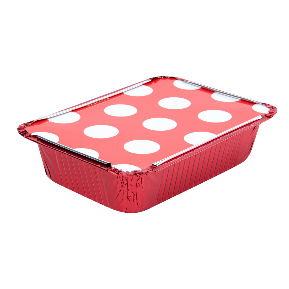 Foil Lux 16 oz Rectangle Red Aluminum Take Out Container - with Polka Dot Paper Lid - 7 1/4" x 5 1/4" x 2" - 200 count box