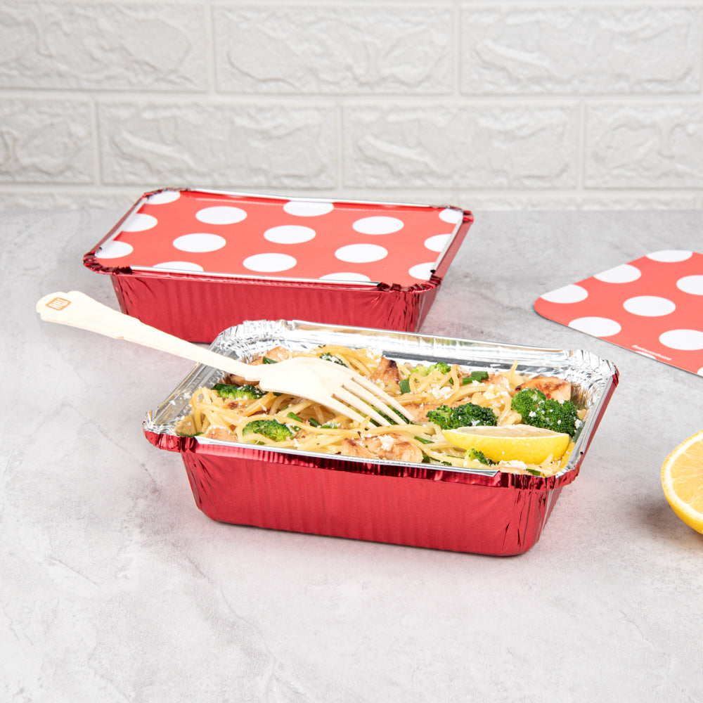 Foil Lux 16 oz Rectangle Red Aluminum Take Out Container - with Polka Dot Paper Lid - 7 1/4" x 5 1/4" x 2" - 200 count box