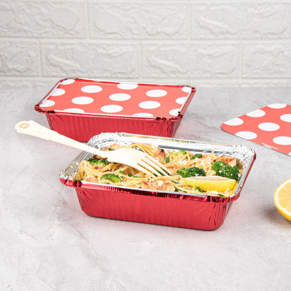 Foil Lux 16 oz Rectangle Red Aluminum Take Out Container - with Polka Dot Paper Lid - 7 1/4" x 5 1/4" x 2" - 200 count box