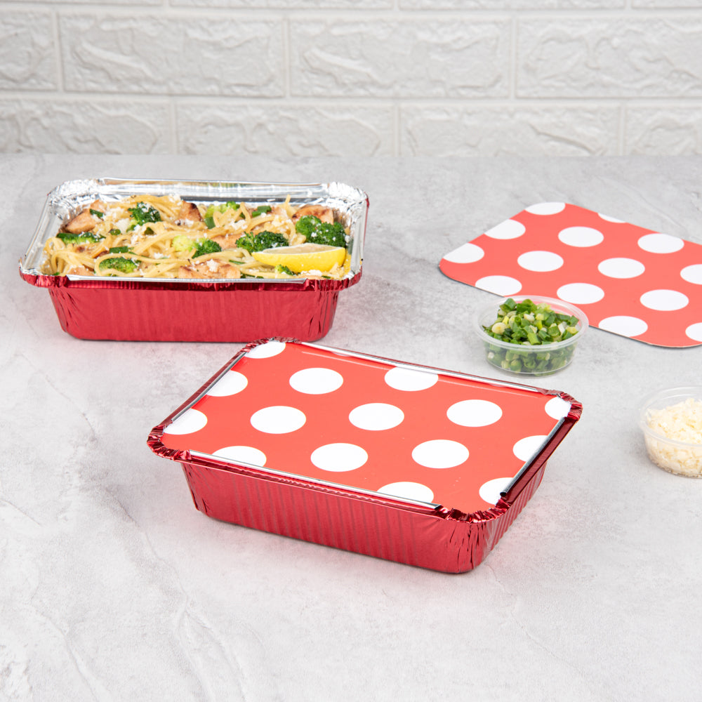 Foil Lux 16 oz Rectangle Red Aluminum Take Out Container - Polka Dot Paper Lid - 7 1/4" x 5 1/4" x 2" - 50 count box