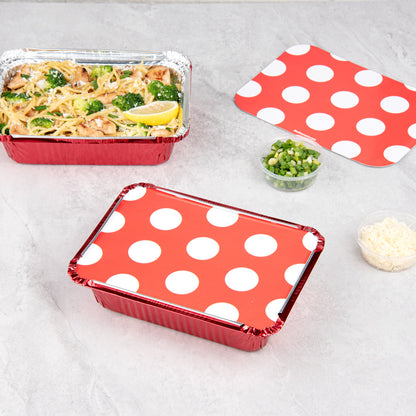 Foil Lux 16 oz Rectangle Red Aluminum Take Out Container - Polka Dot Paper Lid - 7 1/4" x 5 1/4" x 2" - 50 count box