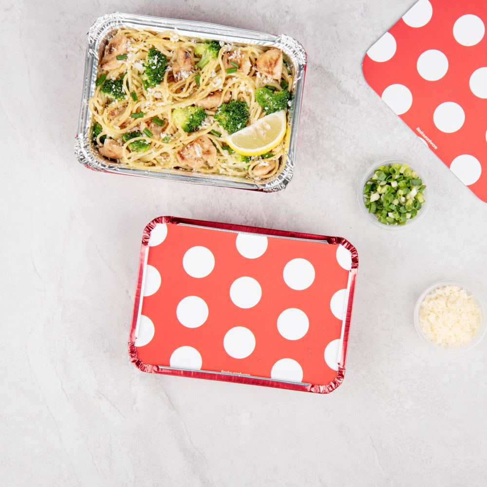 Foil Lux 16 oz Rectangle Red Aluminum Take Out Container - Polka Dot Paper Lid - 7 1/4" x 5 1/4" x 2" - 50 count box