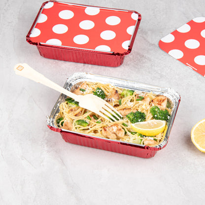 Foil Lux 16 oz Rectangle Red Aluminum Take Out Container - Polka Dot Paper Lid - 7 1/4" x 5 1/4" x 2" - 50 count box