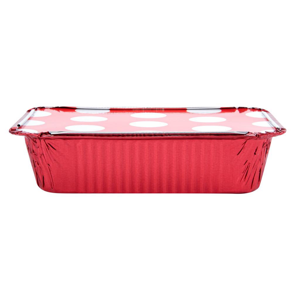 Foil Lux 16 oz Rectangle Red Aluminum Take Out Container - with Polka Dot Paper Lid - 7 1/4" x 5 1/4" x 2" - 200 count box
