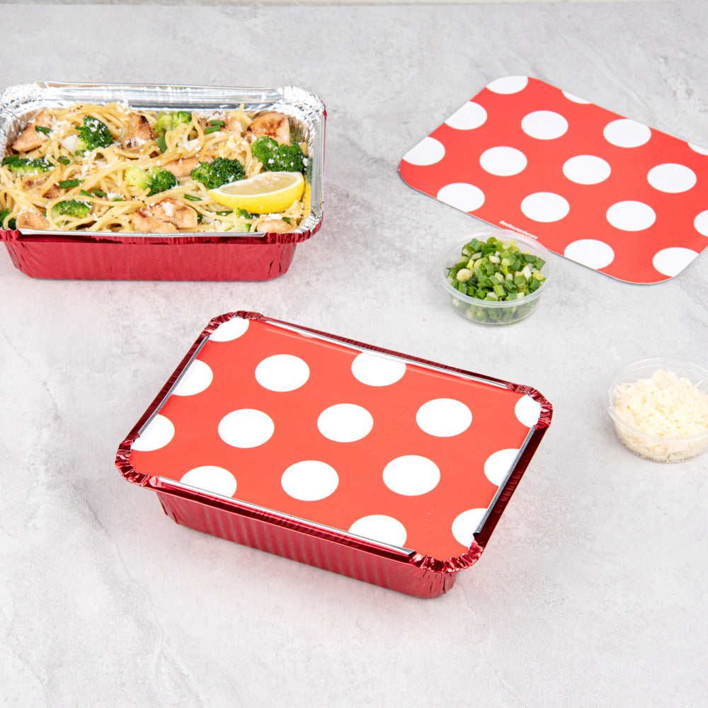 Foil Lux 16 oz Rectangle Red Aluminum Take Out Container - with Polka Dot Paper Lid - 7 1/4" x 5 1/4" x 2" - 200 count box